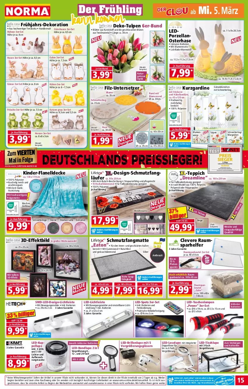 Aktueller Prospekt Norma - Norma - von 03.03 bis 10.03.2025 - strona 15 - produkty: aufbewahrungstasche, batterie, batterien, Bebe, beutel, blume, blumen, Blüte, Brille, decke, dekoration, dell, eis, elle, fernbedienung, gin, Gläser, hühner, Kinder, Lampe, latte, Läufer, led-licht, leds, LG, Mett, Mode, natur, ndk, reis, reiss, Ria, Schal, Schmetterling, schmutzfangmatte, Spiele, Tasche, taschen, taschenlampe, teppich, Ti, tisch, Untersetzer, ZTE