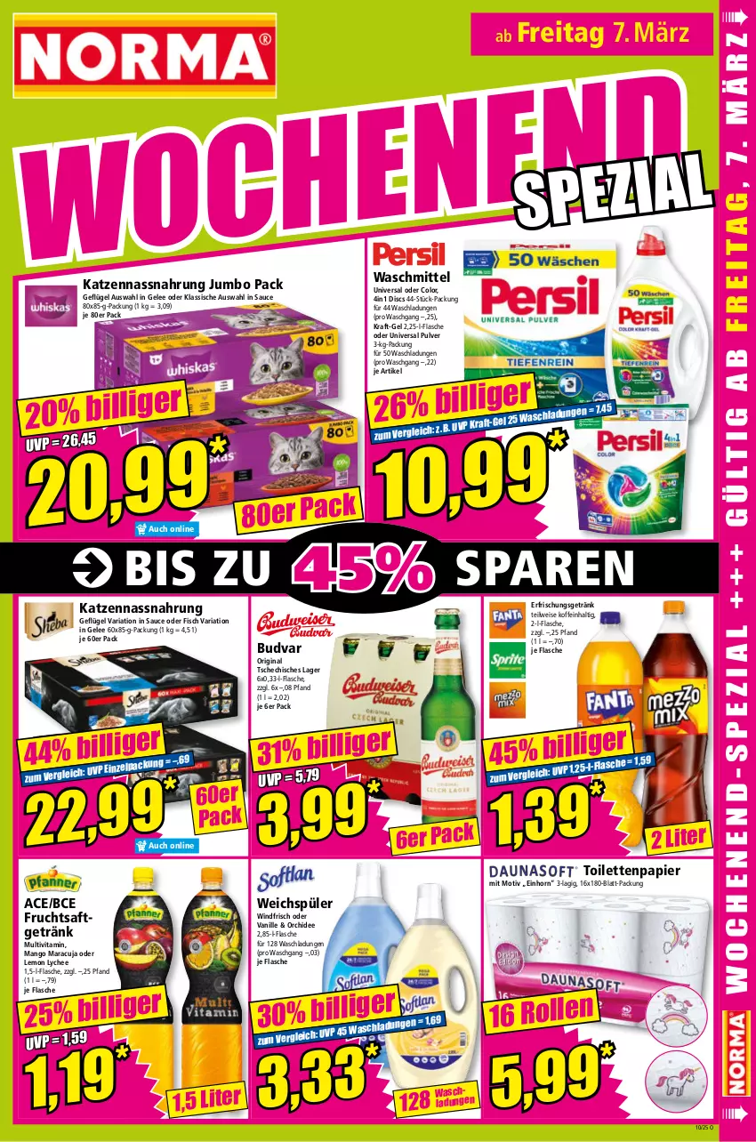 Aktueller Prospekt Norma - Norma - von 03.03 bis 10.03.2025 - strona 17 - produkty: eis, erfrischungsgetränk, fisch, flasche, frucht, fruchtsaft, fruchtsaftgetränk, Geflügel, gelee, getränk, gin, jumbo, kraft, mango, maracuja, Nassnahrung, orchidee, papier, Ria, saft, sauce, Ti, toilettenpapier, universal pulver, vanille, vita, waschmittel, weichspüler