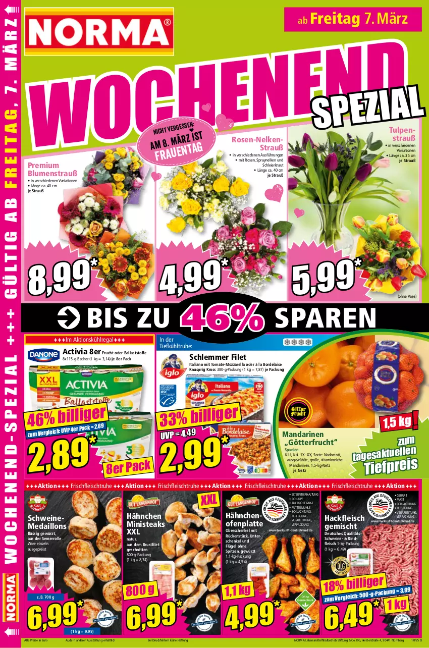 Aktueller Prospekt Norma - Norma - von 03.03 bis 10.03.2025 - strona 18 - produkty: à la bordelaise, activia, ball, Becher, blume, blumen, Blumenstrauß, bordelaise, brustfilet, eier, eis, filet, fleisch, frucht, gewürz, hackfleisch, hackfleisch gemischt, henkel, Kraut, kühlregal, latte, lebensmittel, mandarine, mandarinen, medaillons, mozzarella, natur, Ofen, regal, reis, rel, Ria, rind, rindfleisch, rosen, schenkel, schnitten, schwein, schweine, steak, steaks, Ti, tiefpreis, tomate, Vase, vita, wein, weine