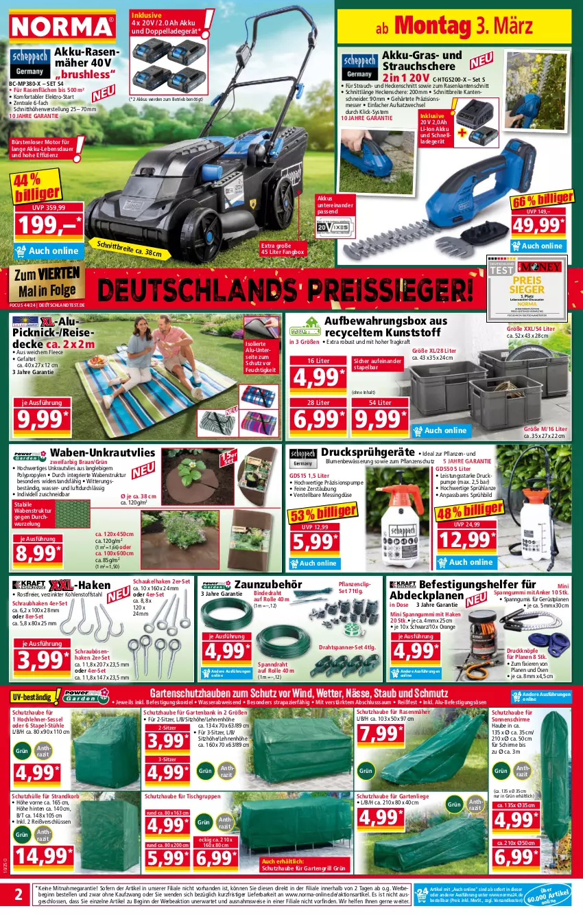 Aktueller Prospekt Norma - Norma - von 03.03 bis 10.03.2025 - strona 2 - produkty: abdeckplane, akku, akku-rasenmäher, auer, aufbewahrungsbox, Bank, Bebe, blume, blumen, braun, Brei, bürste, bürsten, decke, dell, Draht, eier, eis, Elektro, elle, erde, Garten, gartenbank, gartenliege, gin, grill, heckenschere, korb, kraft, Kraut, ladegerät, LG, Liege, messer, Mp3, ndk, orange, pflanze, pflanzen, rasen, rasenmäher, Rauch, reis, reiss, Schaukel, Schere, schirme, schnellladegerät, schutzhülle, senf, sessel, Sitzhöhe, sonnenschirm, strandkorb, Strauchschere, Stühl, Ti, tisch, wasser