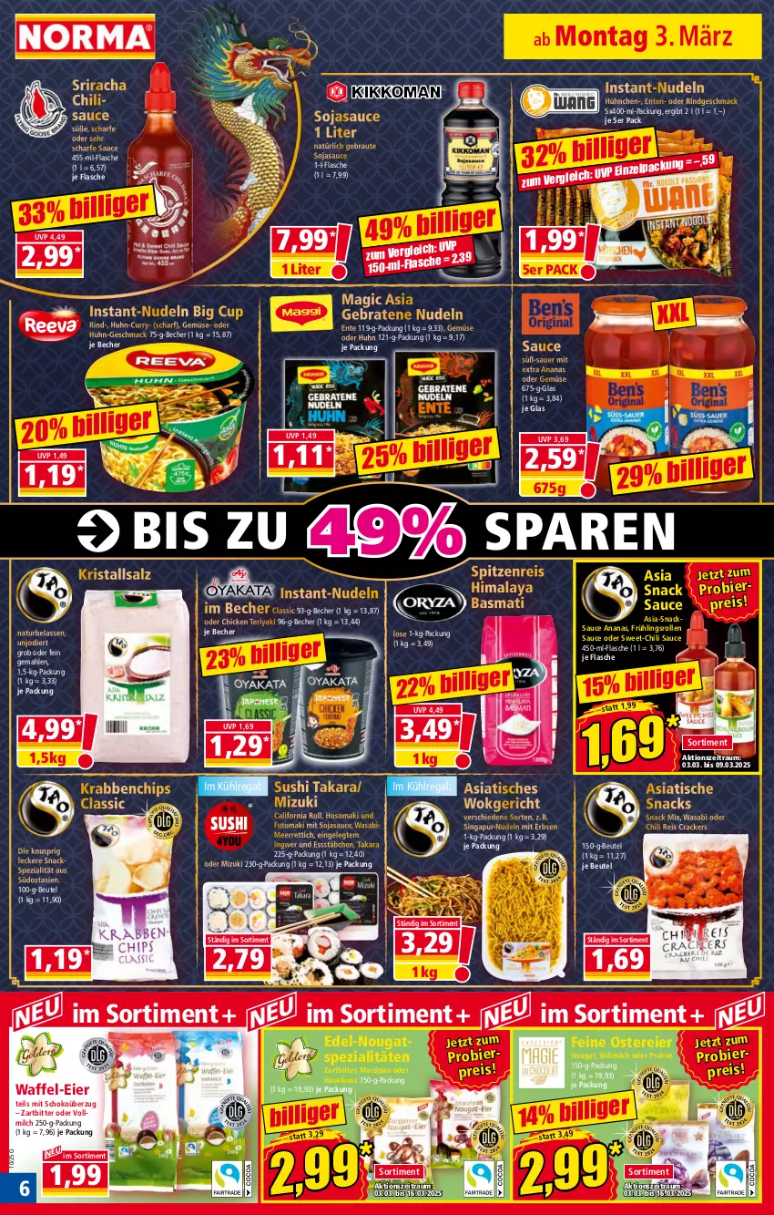 Aktueller Prospekt Norma - Norma - von 03.03 bis 10.03.2025 - strona 6 - produkty: ananas, auer, basmati, Becher, beutel, bier, braten, chili, chips, cracker, curry, eier, eis, ente, erbsen, flasche, haselnuss, ingwer, Instant-Nudeln, Kristallsalz, kühlregal, mac, marzipan, meerrettich, milch, natur, nudel, nudeln, nuss, regal, reis, Rettich, rind, salz, sauce, schoko, snack, snacks, soja, sojasauce, Spezi, Sriracha, Sushi, Ti, tisch, vollmilch, wasa, wok