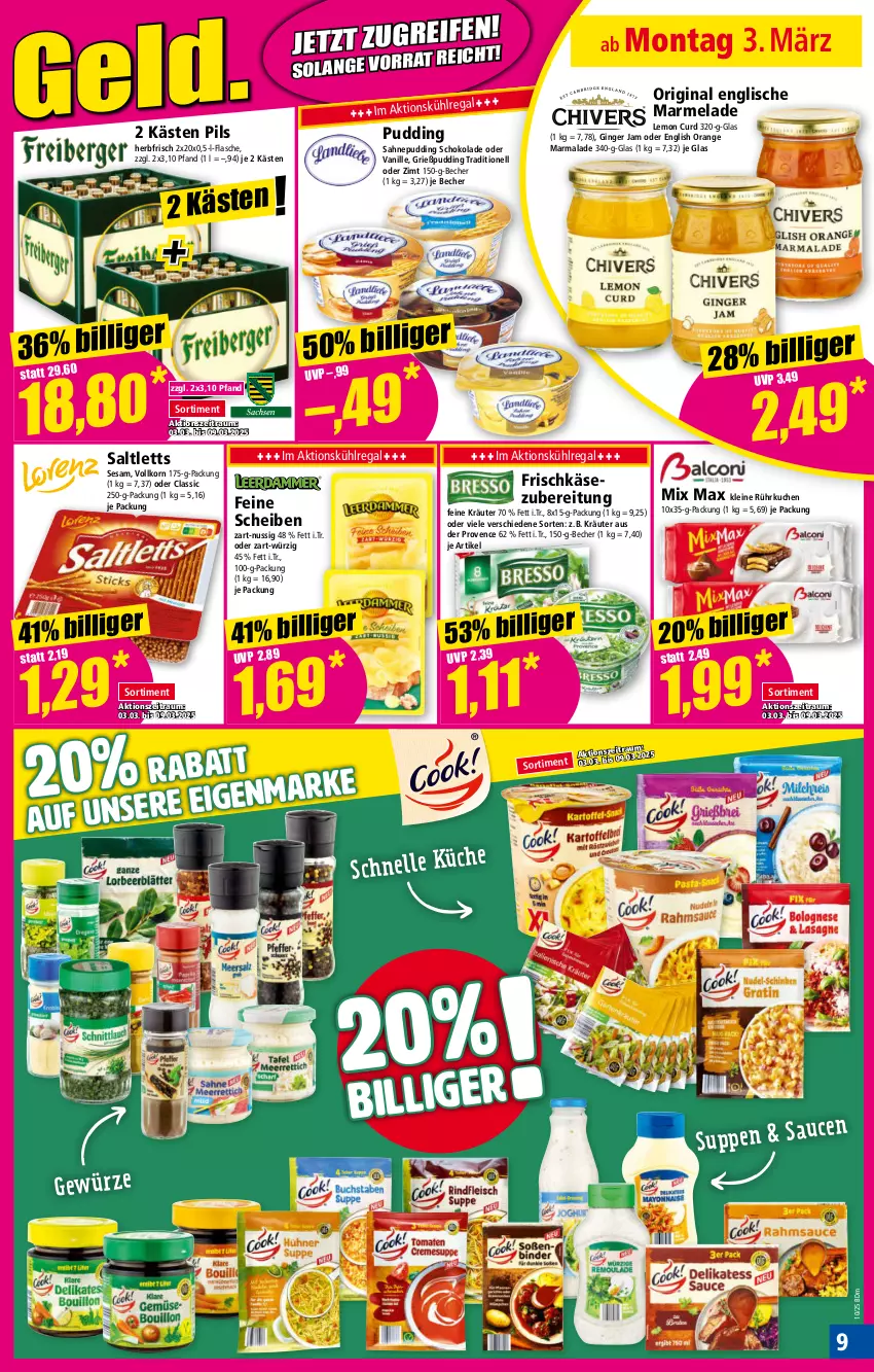 Aktueller Prospekt Norma - Norma - von 03.03 bis 10.03.2025 - strona 9 - produkty: Becher, elle, flasche, frischkäse, frischkäsezubereitung, gewürz, gin, ginger, Grießpudding, Käse, korn, kräuter, kuchen, kühlregal, leine, marmelade, nuss, orange, pils, pudding, regal, sahne, saltletts, schoko, schokolade, sesam, Ti, vanille