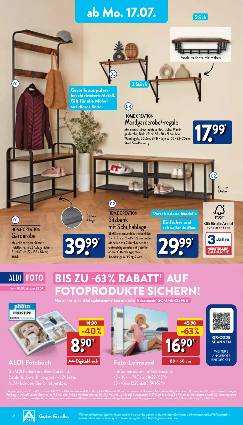 Aktueller Prospekt Aldi Nord - Von Montag - von 17.07 bis 22.07.2023 - strona 12 - produkty: aldi, angebot, angebote, Bank, Bau, buch, decke, dell, eis, elle, Fotobuch, Garderobe, gin, Holz, korb, möbel, Mode, ndk, papier, regal, reis, Ria, ring, sitzbank, Ti, wandregal, ZTE