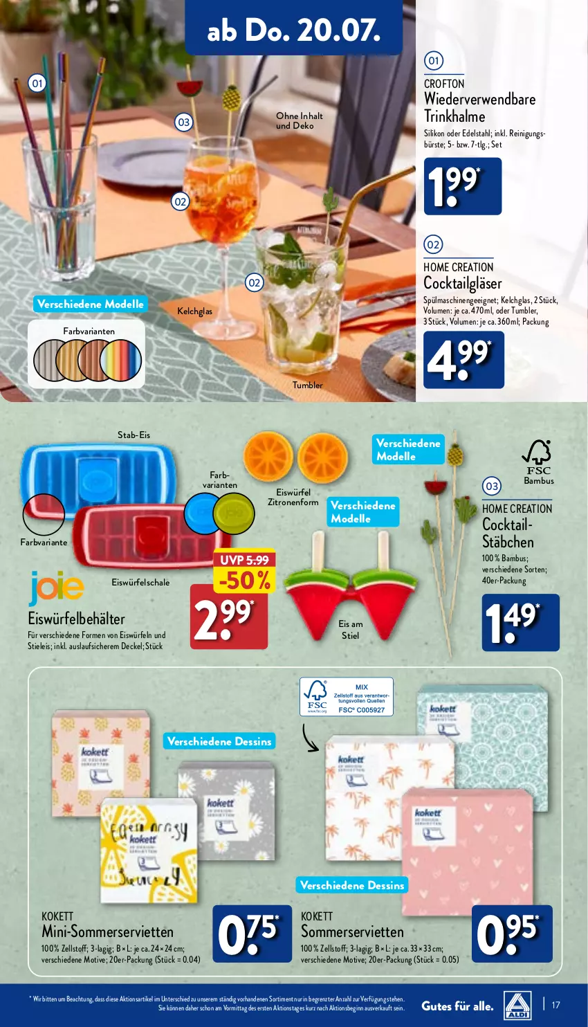 Aktueller Prospekt Aldi Nord - Von Montag - von 17.07 bis 22.07.2023 - strona 17 - produkty: bambus, Behälter, bürste, cocktail, cocktails, Crofton, decke, Deckel, dell, edelstahl, eis, eiswürfel, elle, gin, Gläser, LG, Mode, Reinigung, rel, Ria, rwe, Schal, Schale, Serviette, servietten, spülmaschinen, stieleis, Ti, Trinkhalme, würfel, zitrone, zitronen, ZTE