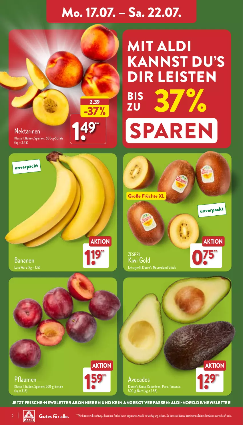 Aktueller Prospekt Aldi Nord - Von Montag - von 17.07 bis 22.07.2023 - strona 2 - produkty: aldi, angebot, avocado, avocados, banane, bananen, eis, Elan, früchte, kiwi, Kiwi Gold, Nektar, nektarinen, pflaume, pflaumen, Schal, Schale, Ti, zespri, ZTE