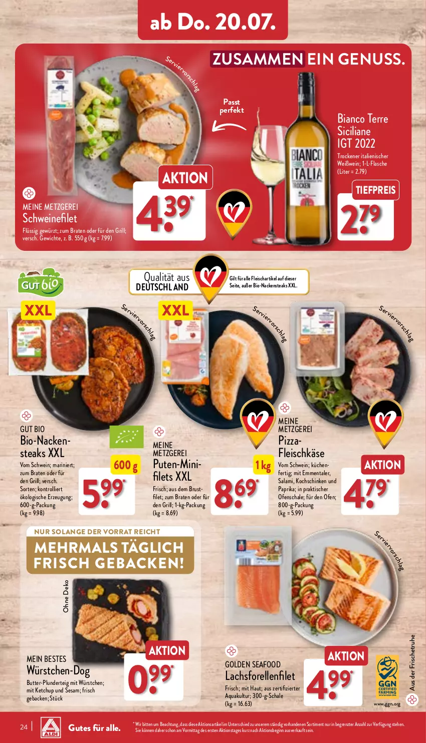 Aktueller Prospekt Aldi Nord - Von Montag - von 17.07 bis 22.07.2023 - strona 24 - produkty: aqua, bio, braten, butter, eis, elle, emmentaler, filet, filets, flasche, fleisch, fleischkäse, forelle, geback, gewürz, gin, grill, Käse, ketchup, küche, Küchen, lachs, mit würstchen, Nackensteak, nackensteaks, nuss, Ofen, paprika, pizza, Plunder, pute, reis, rel, salami, Schal, Schale, schinken, schwein, schweine, schweinefilet, sesam, steak, steaks, Ti, tiefpreis, tisch, trolli, wein, weine, Weißwein, würstchen, ZTE