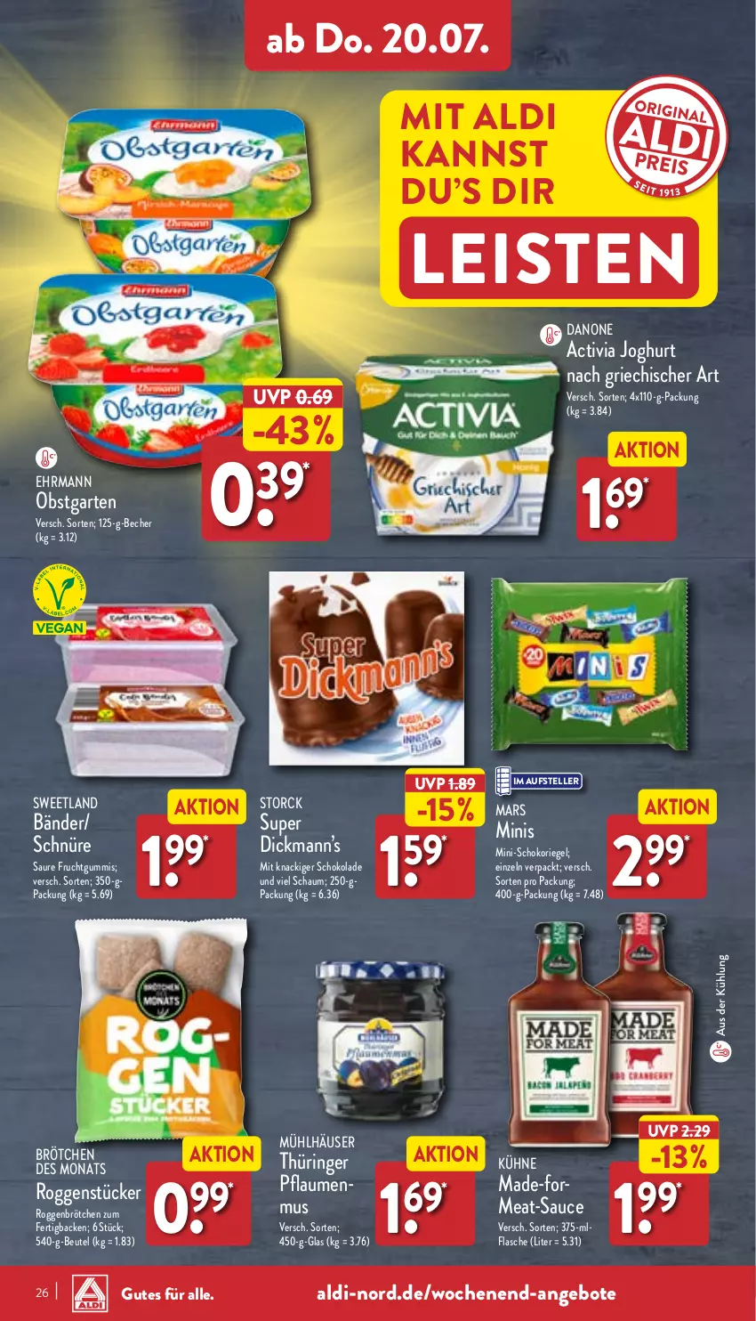 Aktueller Prospekt Aldi Nord - Von Montag - von 17.07 bis 22.07.2023 - strona 26 - produkty: activia, activia joghurt, aldi, angebot, angebote, Becher, beutel, brötchen, danone, danone activia, ehrmann, eis, elle, flasche, frucht, fruchtgummi, fruchtgummis, Garten, joghur, joghurt, joghurt nach, Kühne, mars, mühlhäuser, obst, obstgarten, pflaume, pflaumen, pflaumenmus, riegel, ring, roggenbrötchen, sauce, schoko, schokolade, schokoriegel, storck, Sweetland, teller, Ti