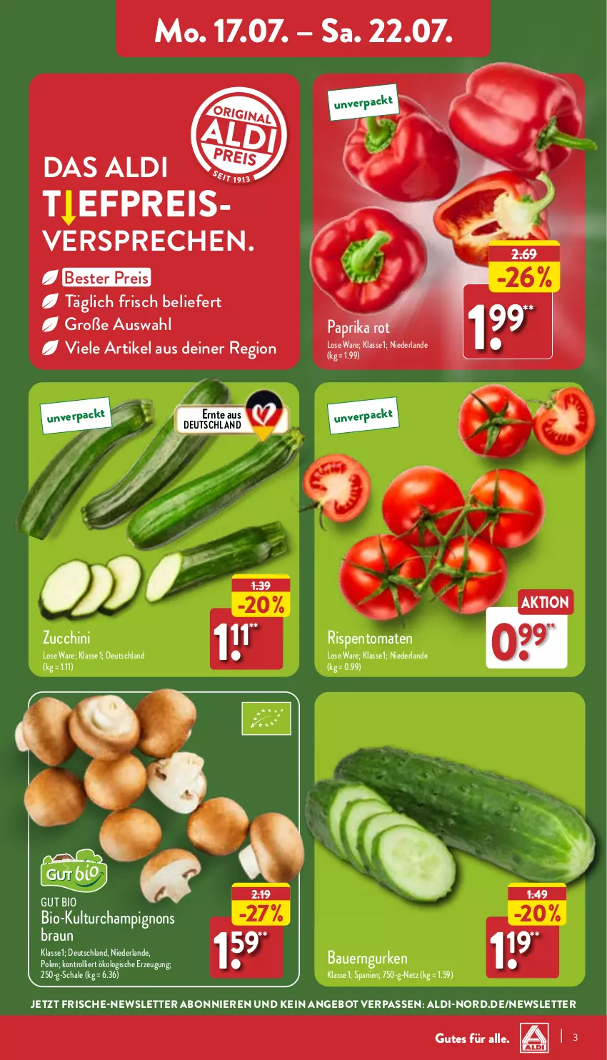 Aktueller Prospekt Aldi Nord - Von Montag - von 17.07 bis 22.07.2023 - strona 3 - produkty: aldi, angebot, auer, Bau, Bauer, bio, braun, eis, gurke, gurken, paprika, paprika rot, reis, rispentomaten, Schal, Schale, Ti, tomate, tomaten, trolli, zucchini