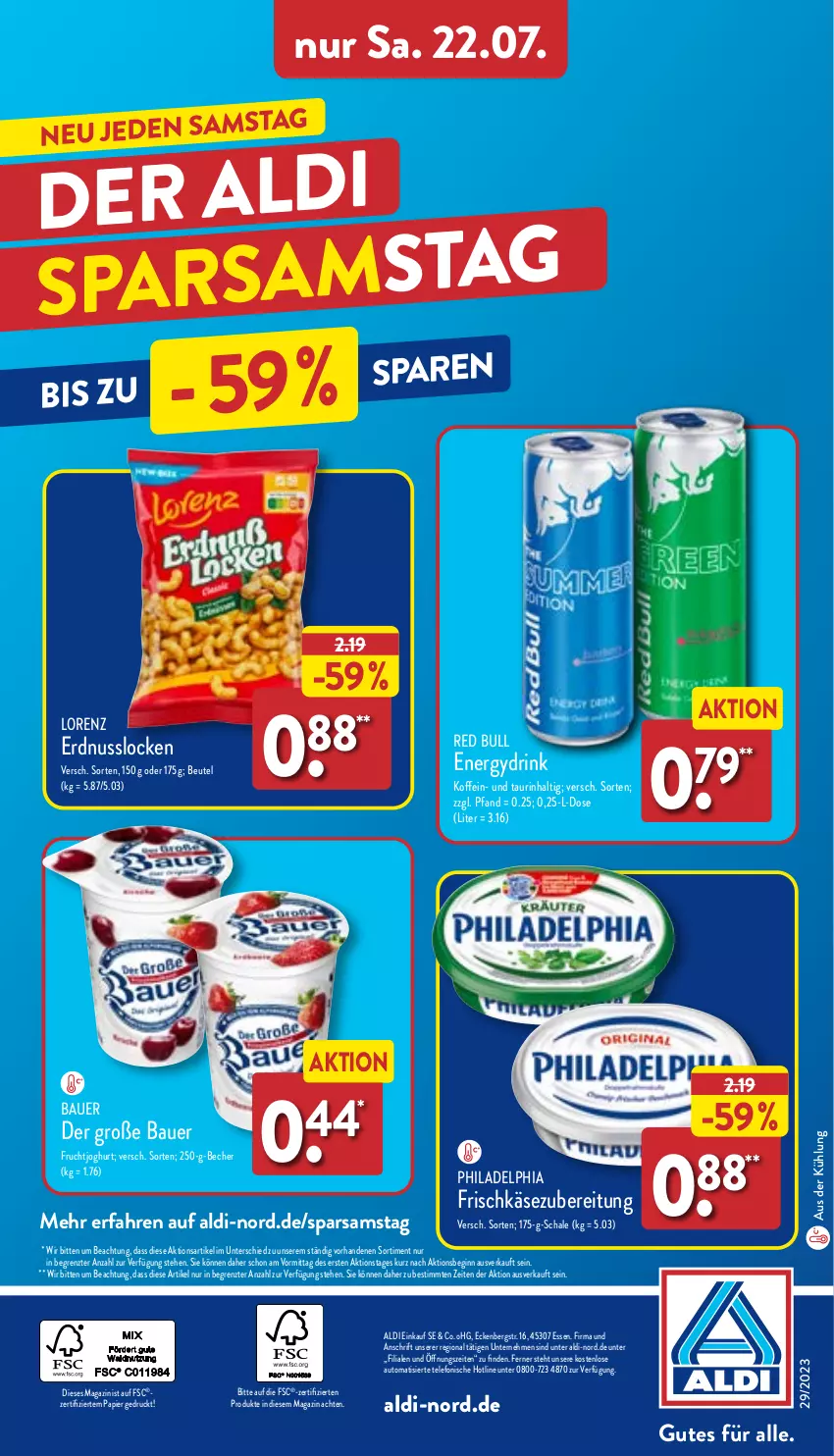 Aktueller Prospekt Aldi Nord - Von Montag - von 17.07 bis 22.07.2023 - strona 33 - produkty: aldi, auer, auto, Bau, Bauer, Becher, beutel, drink, erdnuss, frischkäse, frischkäsezubereitung, frucht, fruchtjoghurt, gin, joghur, joghurt, Käse, lorenz, magazin, nuss, papier, philadelphia, red bull, Schal, Schale, telefon, Ti, ZTE