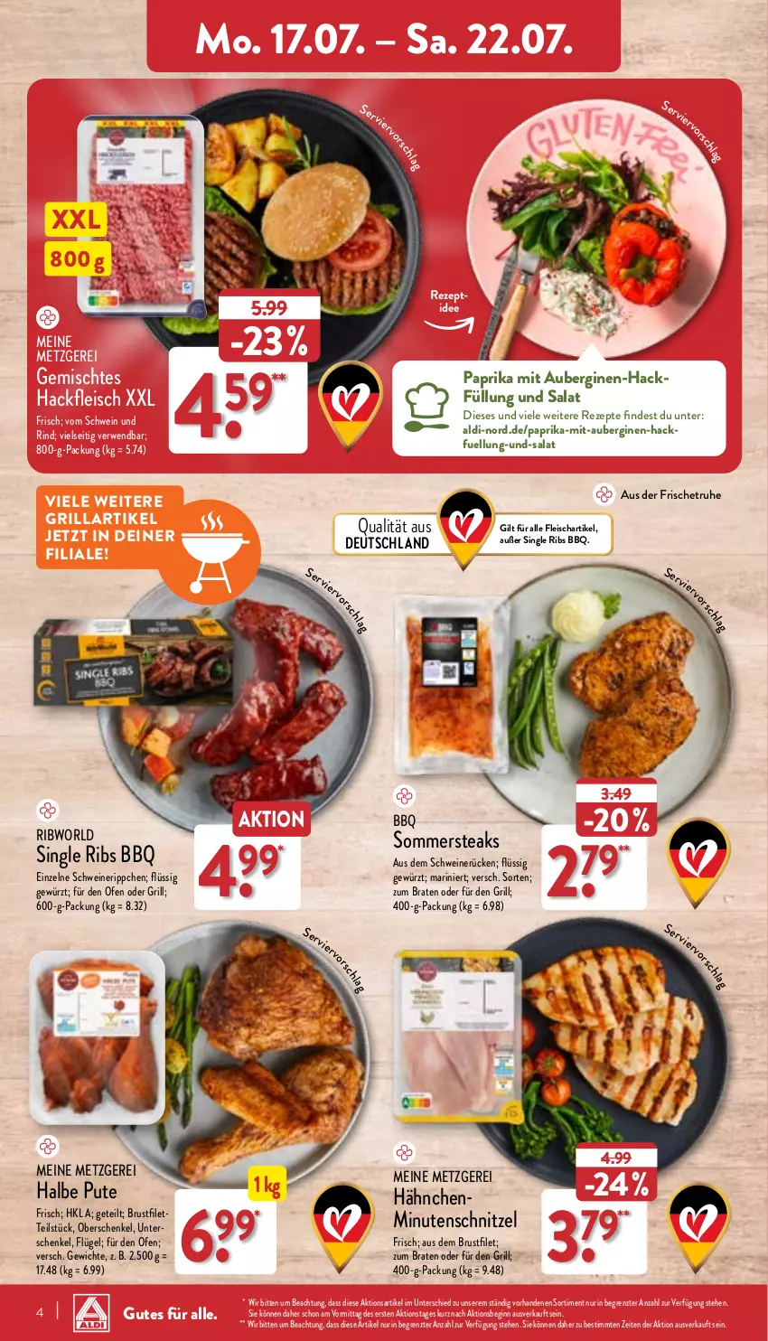 Aktueller Prospekt Aldi Nord - Von Montag - von 17.07 bis 22.07.2023 - strona 4 - produkty: aldi, aubergine, auberginen, braten, brustfilet, eis, filet, fleisch, gewürz, gin, grill, hackfleisch, henkel, minutenschnitzel, Ofen, paprika, pute, rezept, rezepte, rind, rwe, salat, schenkel, schnitzel, schwein, schwein und rind, schweine, schweinerücken, steak, steaks, Ti, vom schwein und rind, wein, weine, ZTE