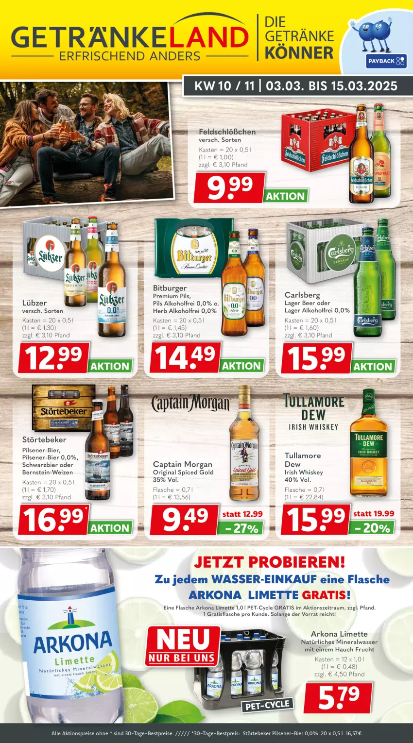 Aktueller Prospekt Getraenkeland - von 03.03 bis 15.03.2025 - strona 1 - produkty: aktionspreis, alkohol, Alwa, bestpreis, bestpreise, bier, bitburger, burger, Cap, captain morgan, carlsberg, eis, flasche, frucht, getränk, getränke, gin, irish whiskey, limette, Lübzer, mam, Mett, mineralwasser, natürliches mineralwasser, original spiced gold, pils, pilsener, premium pils, reis, störtebeker, Ti, tullamore, wasser, whiskey