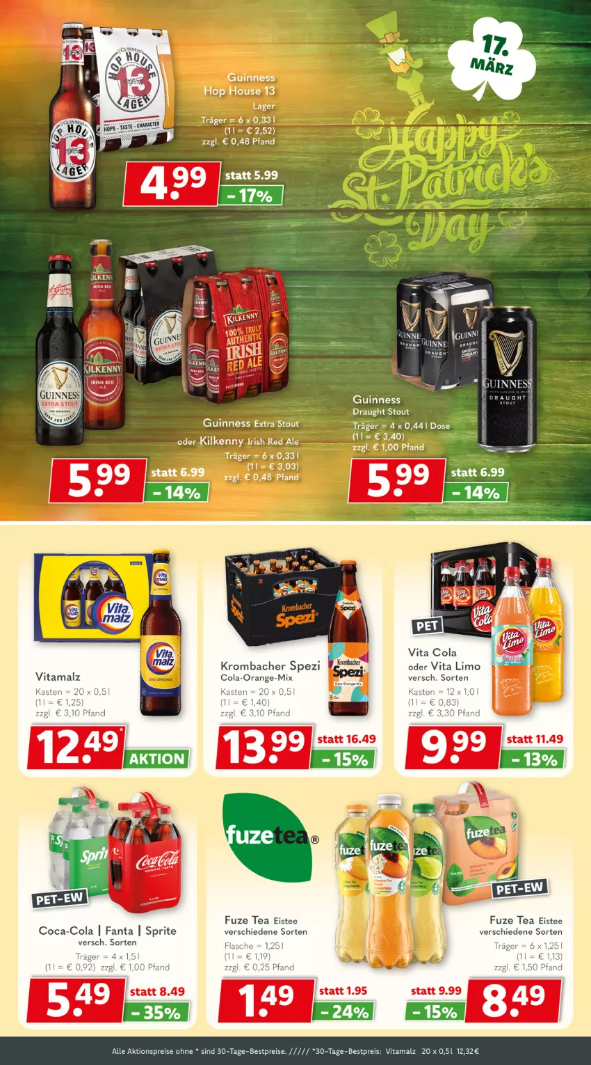 Aktueller Prospekt Getraenkeland - von 03.03 bis 15.03.2025 - strona 4 - produkty: aktionspreis, bestpreis, bestpreise, coca-cola, cola, eis, eistee, fanta, Guinness, krombache, krombacher, limo, malz, orange, reis, Spezi, sprite, tee, Ti, vita, Vita C, vitamalz