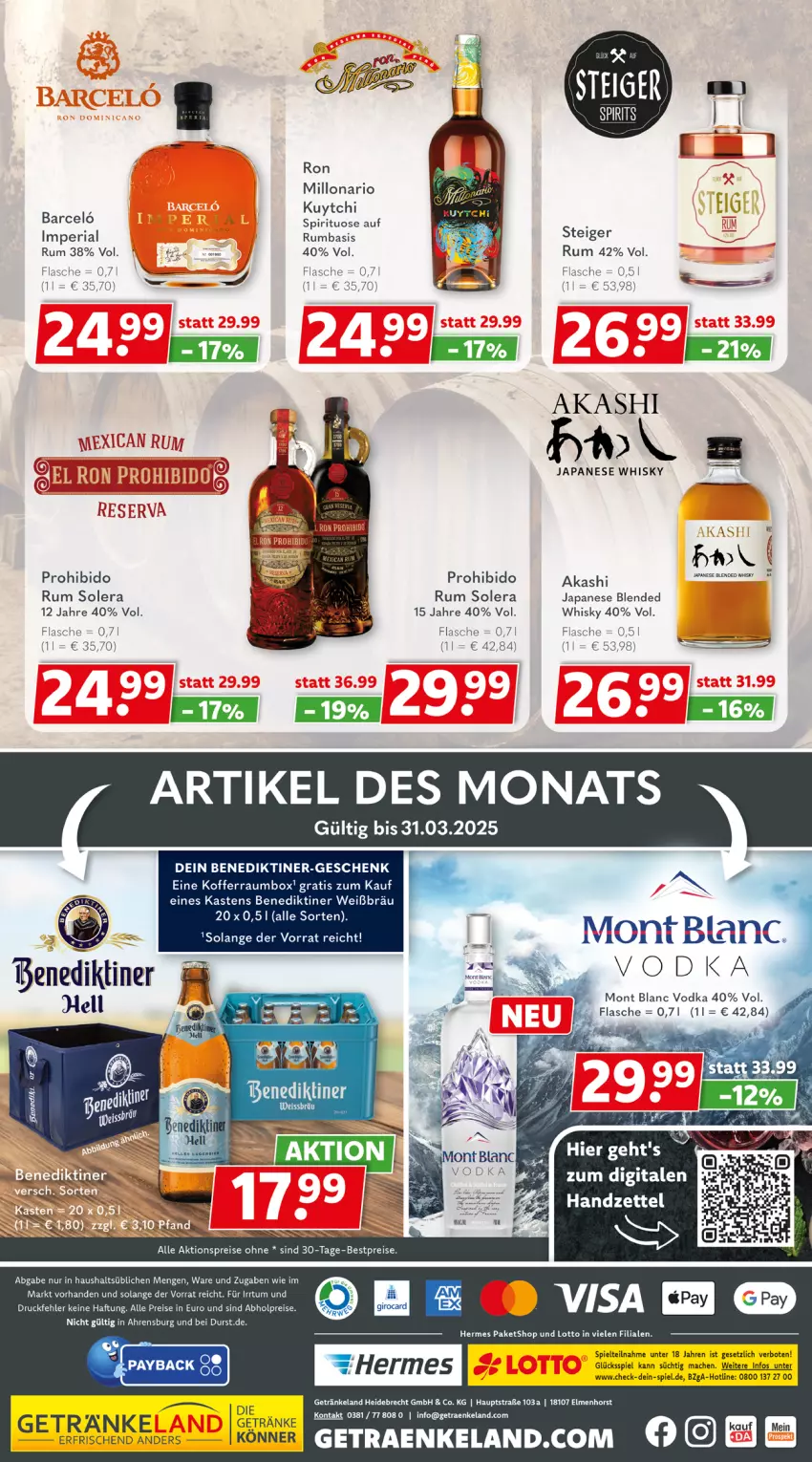 Aktueller Prospekt Getraenkeland - von 03.03 bis 15.03.2025 - strona 6 - produkty: abholpreise, aktionspreis, Benediktiner, bestpreis, bestpreise, eis, Elan, flasche, getränk, getränke, koffer, mac, reis, Ria, rum, Ti, vodka, whisky