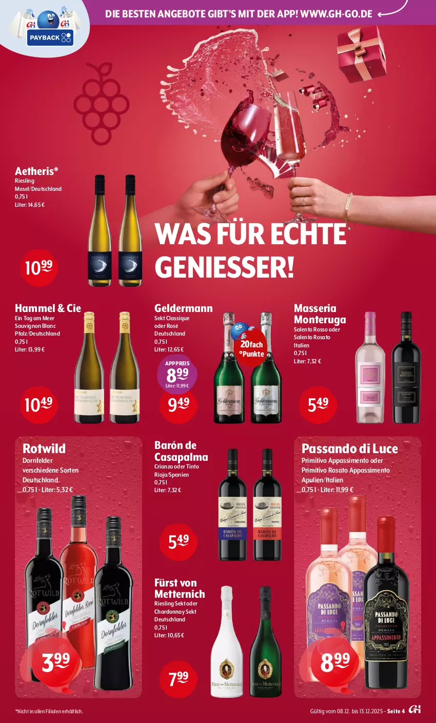 Aktueller Prospekt Getraenke Hoffmann - Prospekte - von 08.12 bis 13.12.2025 - strona 4 - produkty: angebot, angebote, chardonnay, dornfelder, eis, fürst von metternich, geldermann, Mett, metternich, monte, primitivo, reis, Ria, riesling, rioja, rosato, sauvignon, sauvignon blanc, sekt, sim, Ti, Wild