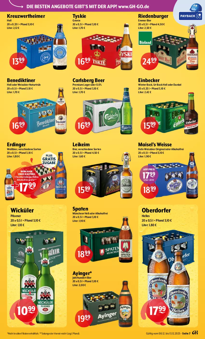 Aktueller Prospekt Getraenke Hoffmann - Prospekte - von 08.12 bis 13.12.2025 - strona 7 - produkty: alkohol, angebot, angebote, Benediktiner, bier, burger, carlsberg, carlsberg beer, eimer, eis, elle, erdinger, flasche, gin, Hefe, mais, natur, pils, pilsener, reis, Spaten, Ti, tyskie, weissbier, WICK