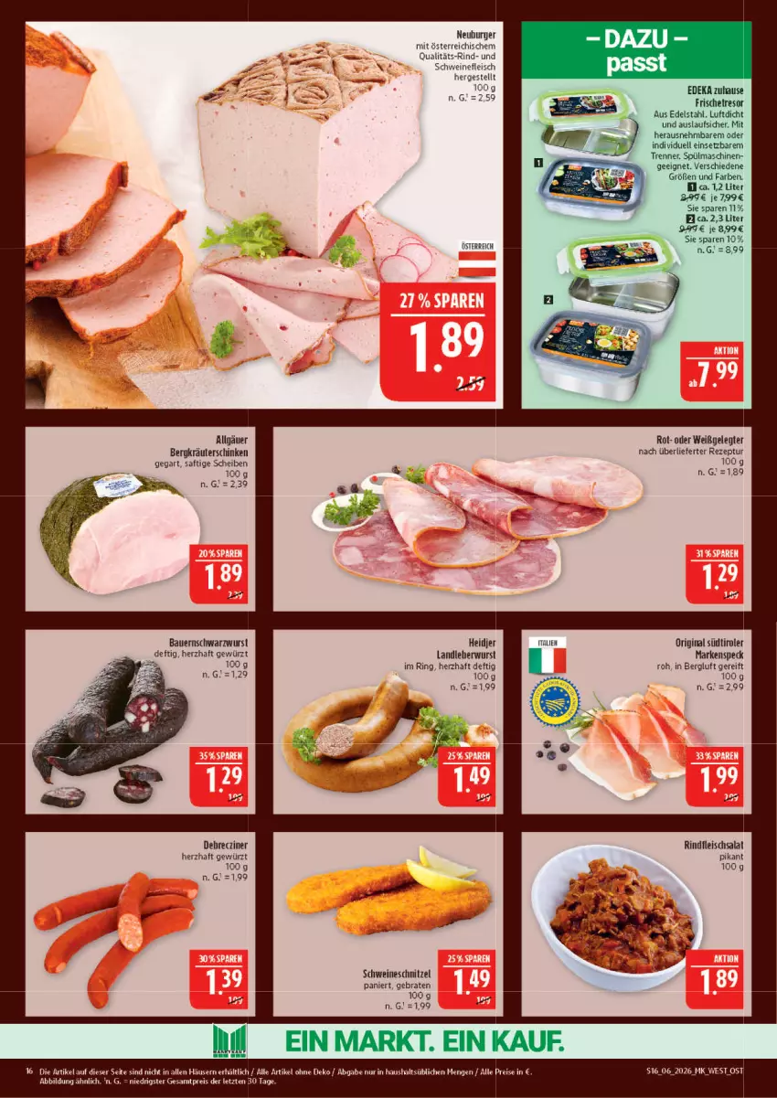 Aktueller Prospekt Marktkauf - Prospekt - von 01.02 bis 07.02.2026 - strona 16 - produkty: auer, Bau, Bauer, braten, deka, edelstahl, eis, fleisch, fleischsalat, gewürz, gin, kräuter, landleberwurst, leberwurst, LG, reis, rezept, rind, rindfleisch, ring, saft, salat, schinken, schnitzel, Schwarzwurst, schwein, schweine, schweinefleisch, schweineschnitzel, Speck, spülmaschinen, südtiroler, Ti, uhu, wein, weine, wurst, ZTE