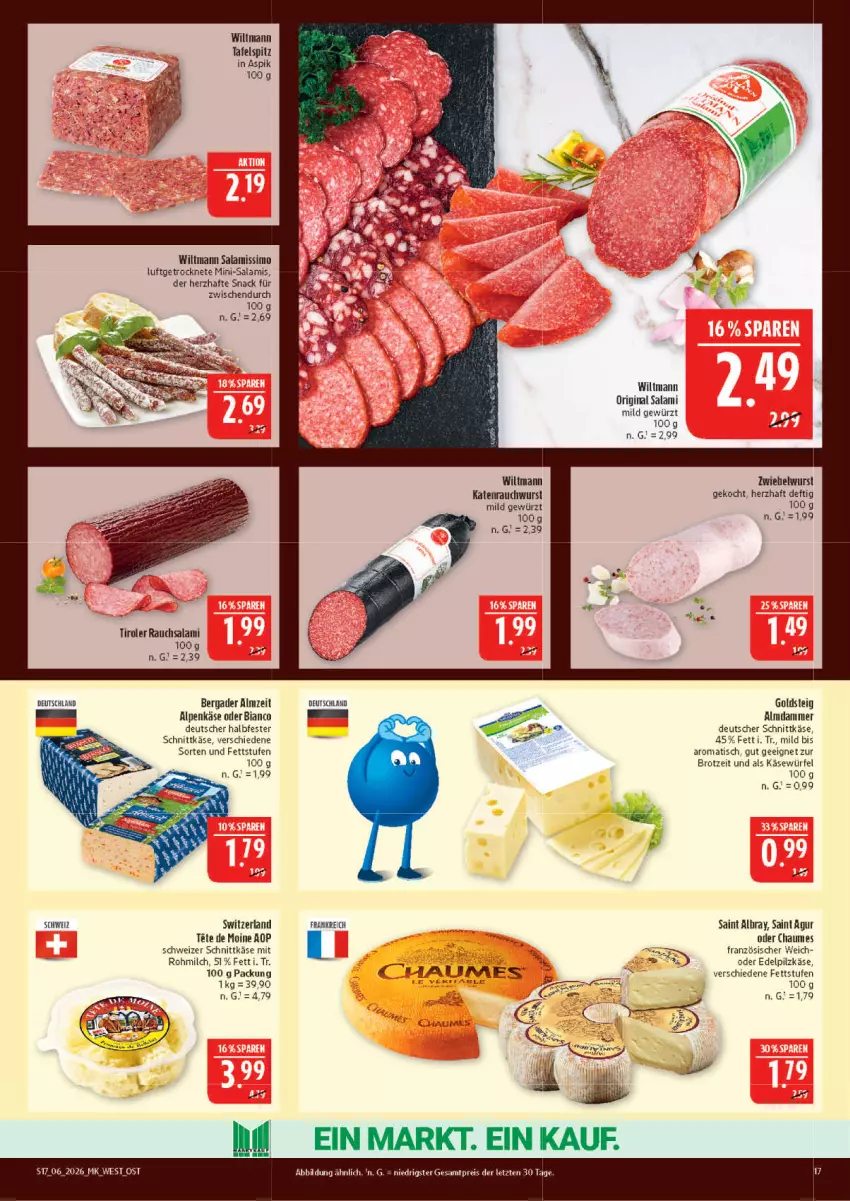 Aktueller Prospekt Marktkauf - Prospekt - von 01.02 bis 07.02.2026 - strona 17 - produkty: albray, bergader, brot, chaumes, deutscher schnittkäse, eis, gewürz, gin, goldsteig, halbfester schnittkäse, Käse, milch, Mini-Salami, Rauch, reis, Saint Agur, saint albray, salami, schnittkäse, schweizer schnittkäse, sim, snack, tafelspitz, Ti, tisch, wiltmann, würfel, wurst, ZTE, zwiebel