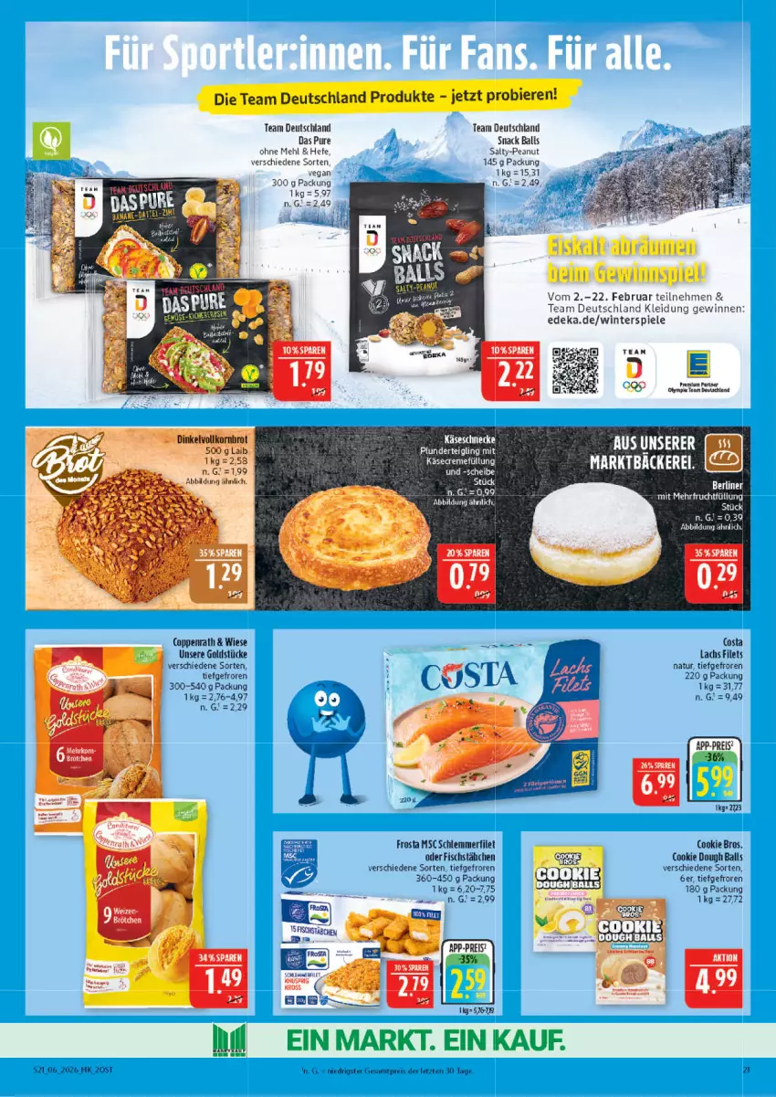 Aktueller Prospekt Marktkauf - Prospekt - von 01.02 bis 07.02.2026 - strona 21 - produkty: ball, berliner, bier, Biere, brötchen, Cap, cookie, cookie dough, coppenrath, deka, eis, filet, filets, fisch, fischstäbchen, frosta, Goldstücke, Hefe, Käse, Käseschnecke, kleid, Kleidung, korn, lachs, LG, mehl, natur, Plunder, reis, schlemmerfilet, snack, Spiele, Ti, ZTE