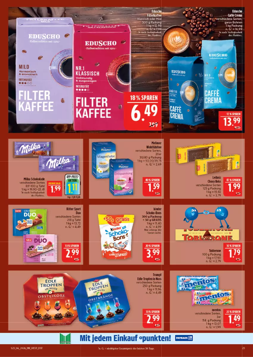 Aktueller Prospekt Marktkauf - Prospekt - von 01.02 bis 07.02.2026 - strona 23 - produkty: eduscho, keks, Kinder, Meßmer, milka, milka schokolade, nuss, obst, ritter, ritter sport, rum, schoko, schoko-bons, schokolade, Sport, tee, Ti