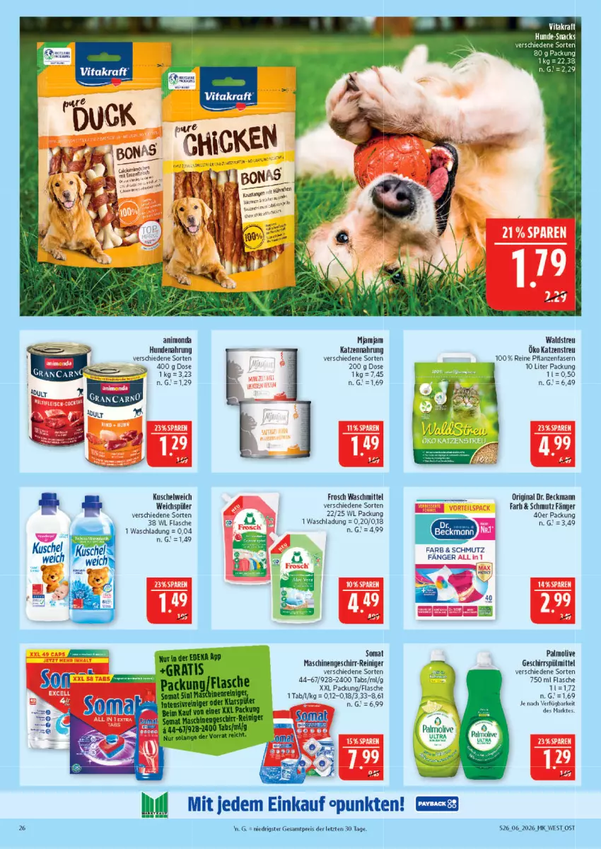 Aktueller Prospekt Marktkauf - Prospekt - von 01.02 bis 07.02.2026 - strona 26 - produkty: Dr. Beckmann, eis, flasche, Frosch, geschirr, geschirrspülmittel, gin, hundenahrung, katzennahrung, Katzenstreu, Kuschelweich, olive, palmolive, pflanze, pflanzen, reiniger, reis, snack, snacks, somat, spülmittel, waschmittel, weichspüler, ZTE