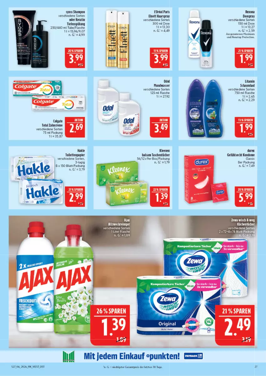 Aktueller Prospekt Marktkauf - Prospekt - von 01.02 bis 07.02.2026 - strona 27 - produkty: Bad, colgate, colgate total, creme, deo, deospray, Durex, eier, eis, elnett, flasche, haarspray, hakle, hakle toilettenpapier, Kondome, LG, mundwasser, Odol, papier, reis, rexona, schaumbad, shampoo, spülung, syoss, Tasche, taschen, taschentücher, Ti, toilettenpapier, tücher, wasser, Yo, zahncreme, ZTE