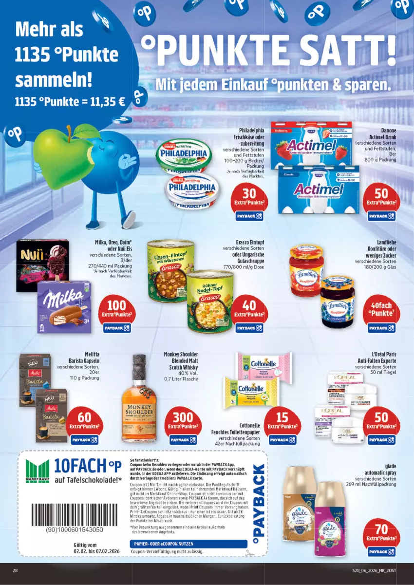 Aktueller Prospekt Marktkauf - Prospekt - von 01.02 bis 07.02.2026 - strona 28 - produkty: actimel, actimel drink, aeg, anti-falten experte, auto, Becher, cottonelle, coupon, daim, danone, deka, drink, eintopf, eis, elle, ente, erasco, flasche, frischkäse, Glade, gulasch, Gulaschsuppe, Käse, konfitüre, l'oreal, landliebe, LG, melitta, milka, nuii, oreo, papier, payback, philadelphia, schoko, schokolade, scotch, scotch whisky, suppe, tafelschokolade, Ti, tisch, topf, whisky, zucker