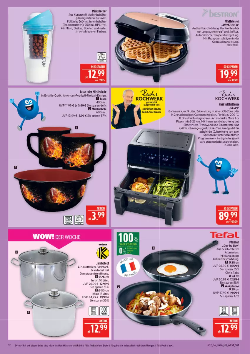 Aktueller Prospekt Marktkauf - Prospekt - von 01.02 bis 07.02.2026 - strona 32 - produkty: aust, auto, ball, Becher, Behälter, beleuchtung, bowle, decke, Deckel, edelstahl, eis, elle, fenster, fritteuse, Glasdeckel, Heißluftfritteuse, jumbo, Leuchte, maille, müsli, Müslischale, pfanne, pfannen, Pfau, Rauch, reis, rezept, Schal, Schale, shake, spülmaschinen, tasse, tefal, Ti, tisch, topf, Waffeleisen