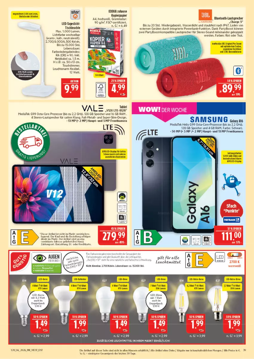 Aktueller Prospekt Marktkauf - Prospekt - von 01.02 bis 07.02.2026 - strona 39 - produkty: akku, auer, Bank, Bau, bluetooth-lautsprecher, deka, dimmer, eis, erde, frontkamera, gin, jbl, kamera, kerze, kopierpapier, lautsprecher, LED-Kerze, Leuchte, leuchten, leuchtmittel, LG, octa-core prozessor, papier, powerbank, reis, Samsung, Ti, tisch, tischleuchte, uhu, wasser, wolle, ZTE