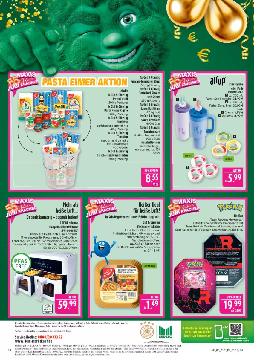 Aktueller Prospekt Marktkauf - Prospekt - von 01.02 bis 07.02.2026 - strona 44 - produkty: Astra, basilikum, bügel, deka, eimer, eis, ente, fisch, fische, flasche, fritteuse, fusilli, garraum, Heißluftfritteuse, Kartenspiel, Käse, Ofen, papier, pasta, penne, penne rigate, Pods, reis, ricotta, ring, Rockets, sac, saft, sauce, Schal, Schale, spinat, teigwaren, Ti, timer, tomate, tomaten, tomatenmark, Tomatensaft, torte, tortelloni, trinkflasche, wasser, ZTE