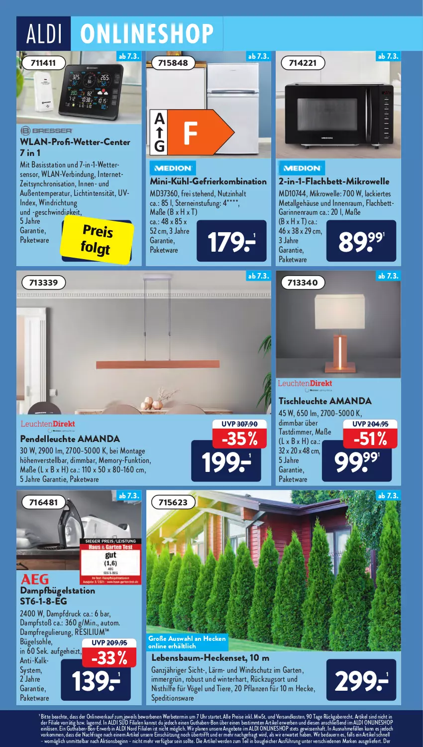 Aktueller Prospekt AldiSud - ALDI Aktuell - von 07.03 bis 12.03.2022 - strona 12 - produkty: aldi, angebot, angebote, auer, auto, Bau, bett, bügel, Bügelstation, dampfbügelstation, dell, dimmer, eis, elle, ente, erde, Garten, gefrierkombination, gin, kühl-gefrierkombination, lack, Leuchte, LG, mikrowelle, ndk, Pendelleuchte, pflanze, pflanzen, reis, rwe, Ti, Tiere, tisch, tischleuchte, uhr, Windschutz