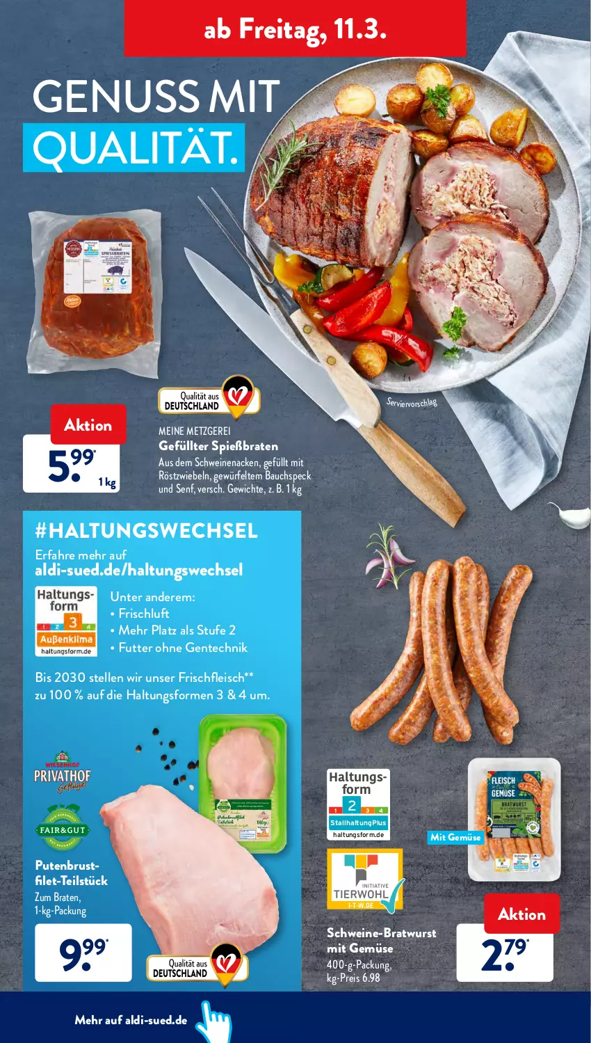 Aktueller Prospekt AldiSud - ALDI Aktuell - von 07.03 bis 12.03.2022 - strona 30 - produkty: aldi, Bau, braten, bratwurst, brustfilet, eis, elle, ente, filet, fleisch, gsw, mit gemüse, mit röstzwiebeln, nuss, pute, putenbrust, putenbrustfilet, reis, röstzwiebeln, schwein, schweine, schweinenacken, senf, Speck, Ti, wein, weine, würfel, wurst, zwiebel, zwiebeln