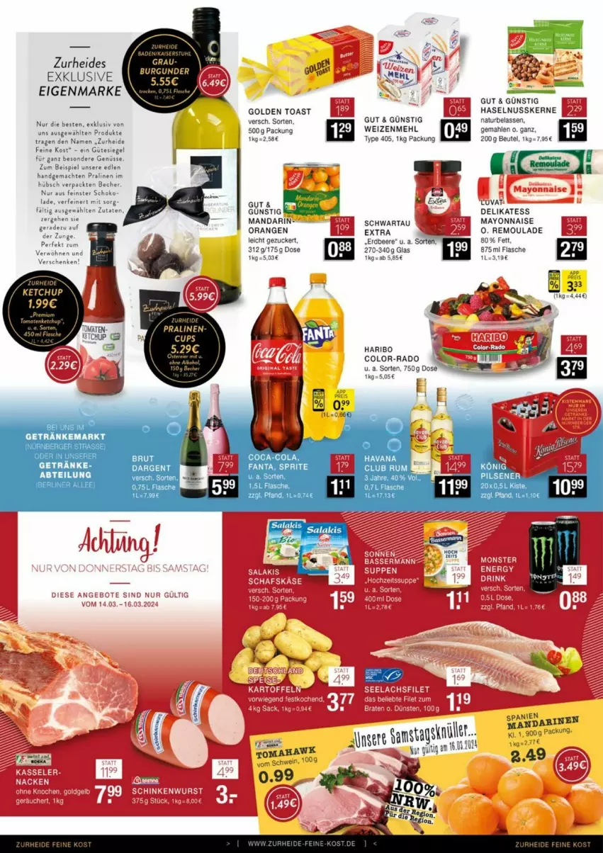 Aktueller Prospekt Edeka - Prospekte - von 09.03 bis 16.03.2024 - strona 8 - produkty: Becher, beere, beutel, brut, brut dargent, coca-cola, cola, eis, erdbeere, flasche, golden toast, haribo, haselnuss, ketchup, mac, mayonnaise, mehl, natur, nuss, orange, orangen, pralinen, remoulade, rum, schinken, schinkenwurst, schoko, Schwartau, Ti, toast, type 405, weizenmehl, wurst, Yo, zucker