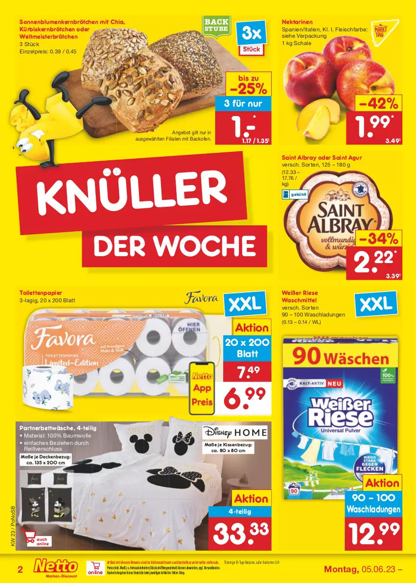 Aktueller Prospekt Netto Marken-Discount - Filial-Angebote - von 05.06 bis 10.06.2023 - strona 2 - produkty: albray, angebot, backofen, Bau, baumwolle, bestpreis, bett, bettwäsche, blume, blumen, brötchen, chia, decke, eis, fleisch, kissen, Kissenbezug, Kürbis, Kürbiskernbrötchen, Meister, ndk, Nektar, nektarinen, Ofen, papier, reis, Ria, Saint Agur, saint albray, Schal, Schale, sonnenblume, sonnenblumen, stube, Ti, toilettenpapier, waschmittel, wolle