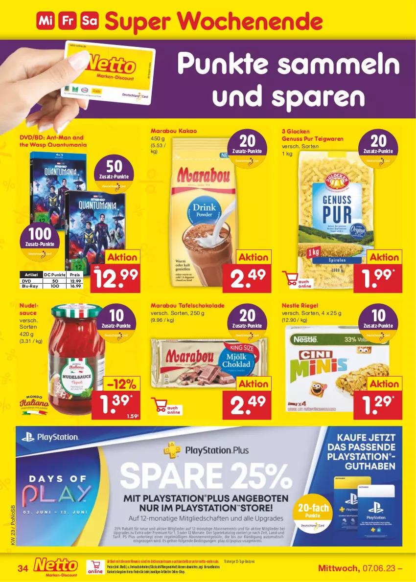 Aktueller Prospekt Netto Marken-Discount - Filial-Angebote - von 05.06 bis 10.06.2023 - strona 34 - produkty: bestpreis, blu-ray, deutschlandcard, dvd, eis, kakao, Marabou, ndk, nudel, nuss, reis, riegel, sauce, schoko, schokolade, tafelschokolade, teigwaren, Ti