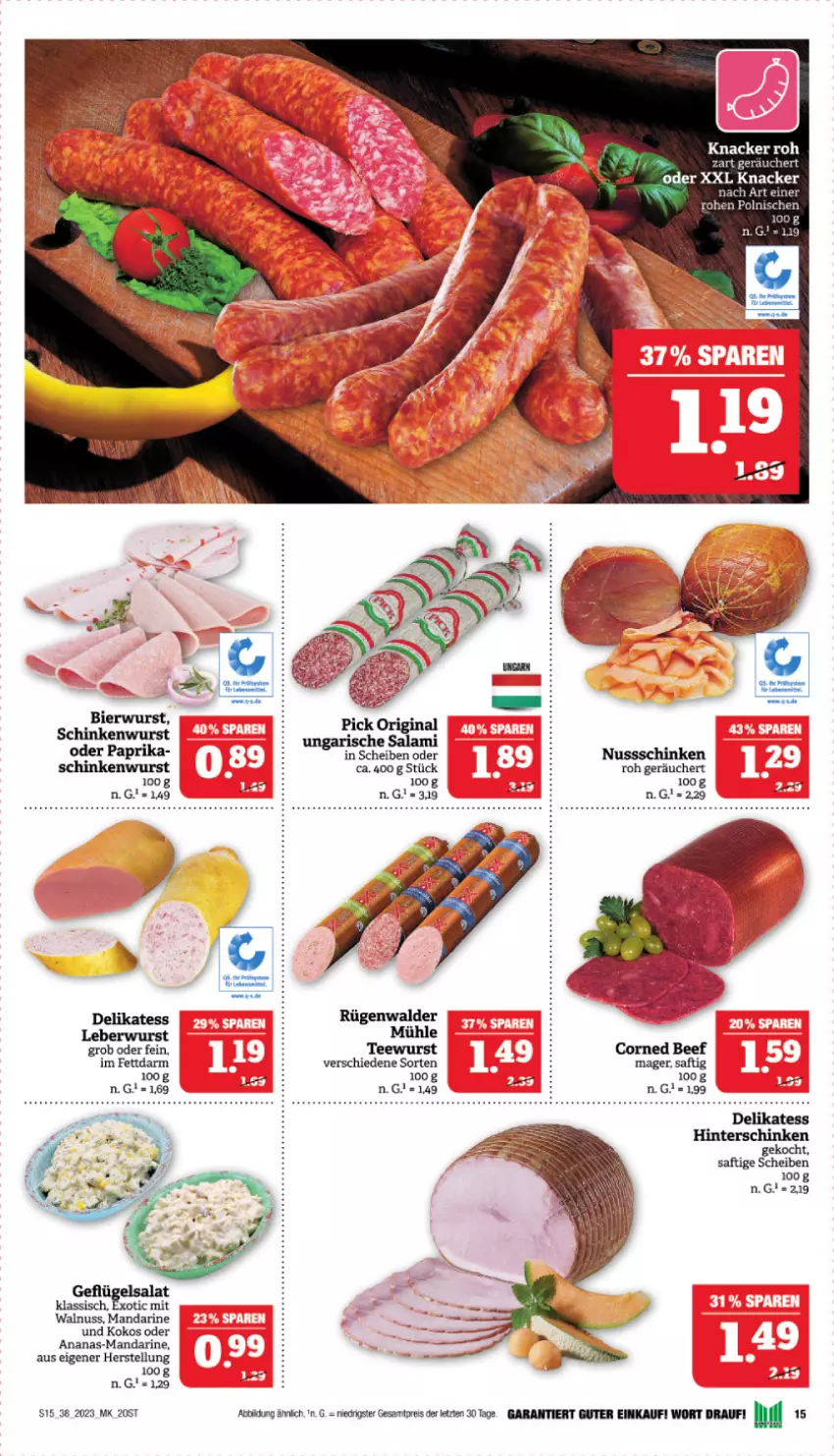 Aktueller Prospekt Marktkauf - Prospekt - von 17.09 bis 23.09.2023 - strona 15 - produkty: ananas, bier, eis, Geflügel, geflügelsalat, gin, knacker, kokos, leberwurst, mandarine, nuss, paprika, reis, rügenwalder, rügenwalder mühle, saft, salami, salat, schinken, schinkenwurst, tee, teewurst, Ti, Ungarische Salami, walnuss, wurst, ZTE