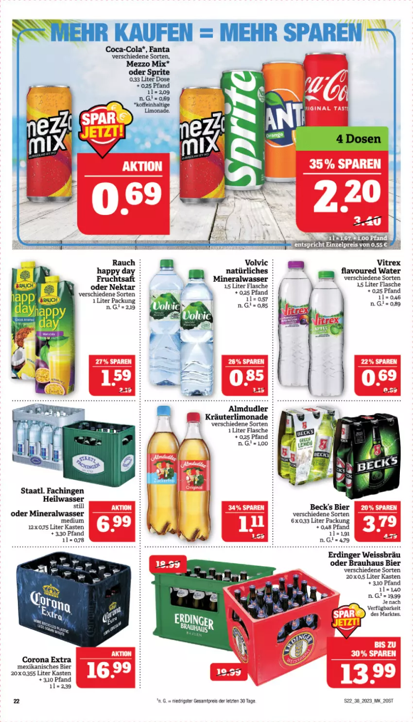 Aktueller Prospekt Marktkauf - Prospekt - von 17.09 bis 23.09.2023 - strona 22 - produkty: almdudler, Alwa, beck's, bier, coca-cola, cola, corona, corona extra, eis, erdinger, fanta, flasche, frucht, fruchtsaft, Happy Day, kräuter, limo, limonade, Mezzo Mix, mineralwasser, Nektar, oder sprite, Rauch, reis, saft, sprite, Staatl. Fachingen, Ti, vitrex, volvic, wasser, ZTE