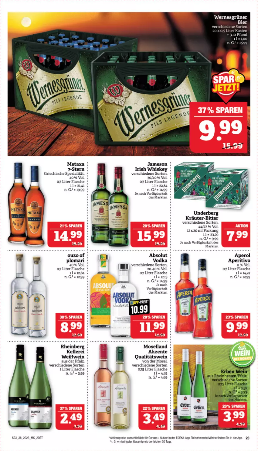 Aktueller Prospekt Marktkauf - Prospekt - von 17.09 bis 23.09.2023 - strona 23 - produkty: aktionspreis, aperol, bier, deka, eis, elle, flasche, irish whiskey, jameson, kräuter, Metaxa, nuss, qualitätswein, reis, Spezi, Ti, underberg, vodka, wein, Weißwein, whiskey, ZTE