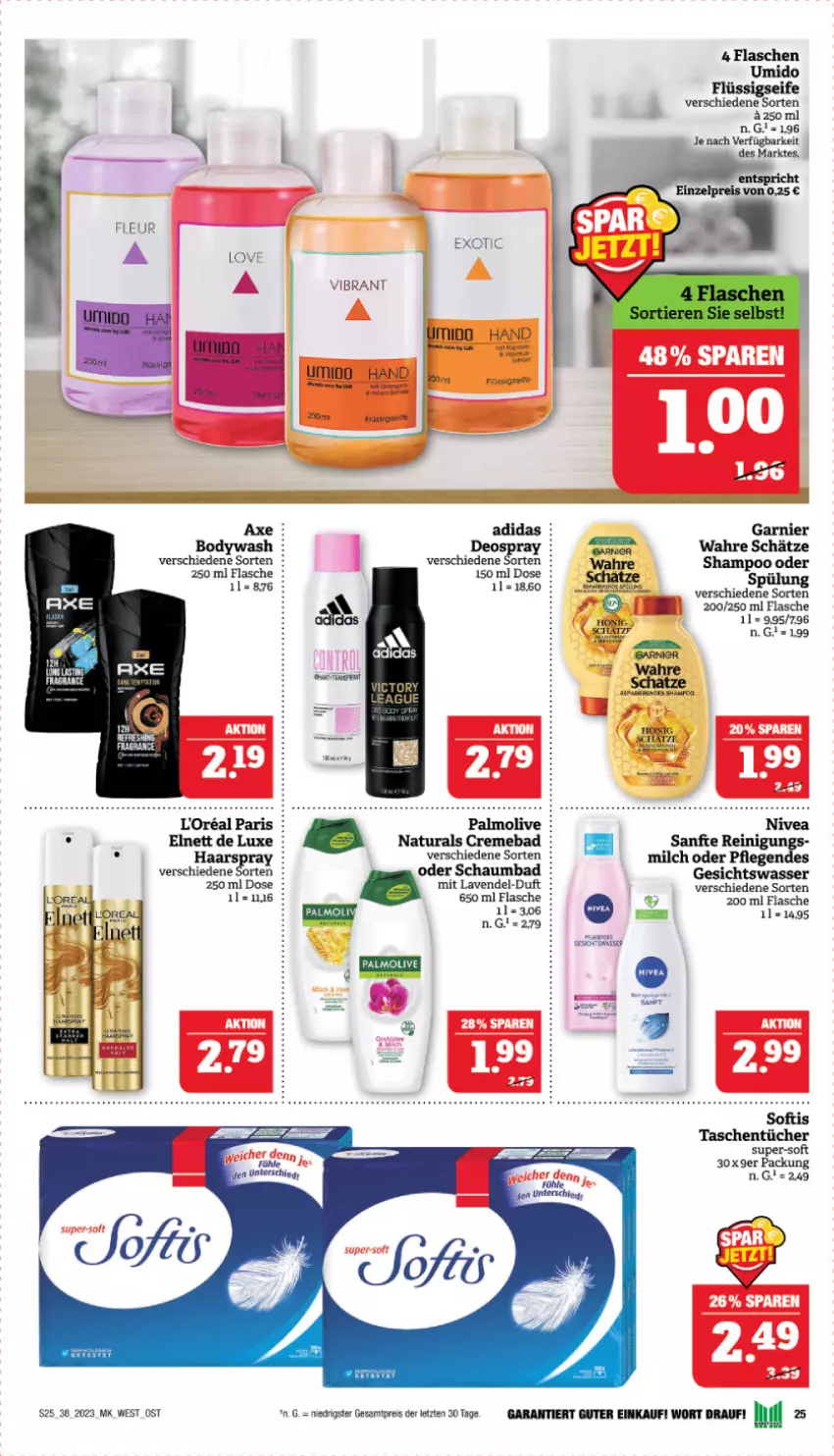 Aktueller Prospekt Marktkauf - Prospekt - von 17.09 bis 23.09.2023 - strona 25 - produkty: Adidas, aust, axe, Bad, bier, Biere, body, creme, deo, deospray, eis, elnett, flasche, flüssigseife, garnier, Gesichtswasser, haarspray, l'oreal, lavendel, milch, natur, natura, olive, palmolive, Reinigung, reis, schaumbad, Seife, shampoo, Tasche, taschen, taschentücher, Ti, tücher, Wahre Schätze, wasser, ZTE