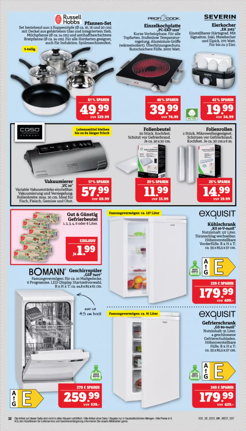 Aktueller Prospekt Marktkauf - Prospekt - von 17.09 bis 23.09.2023 - strona 32 - produkty: Becher, beutel, bomann, bratpfanne, Brei, decke, Deckel, eier, Eierkocher, eis, elle, fisch, fleisch, gefrierbeutel, gefrierschrank, herdarten, HP, Kocher, lieferservice, Messbecher, mikrowelle, milch, obst, pfanne, pfannen, pfannen-set, reis, russell hobbs, Schrank, schubladen, Schütze, severin, Signal, spülmaschinen, suppe, suppen, tee, Ti, topf, türanschlag wechselbar