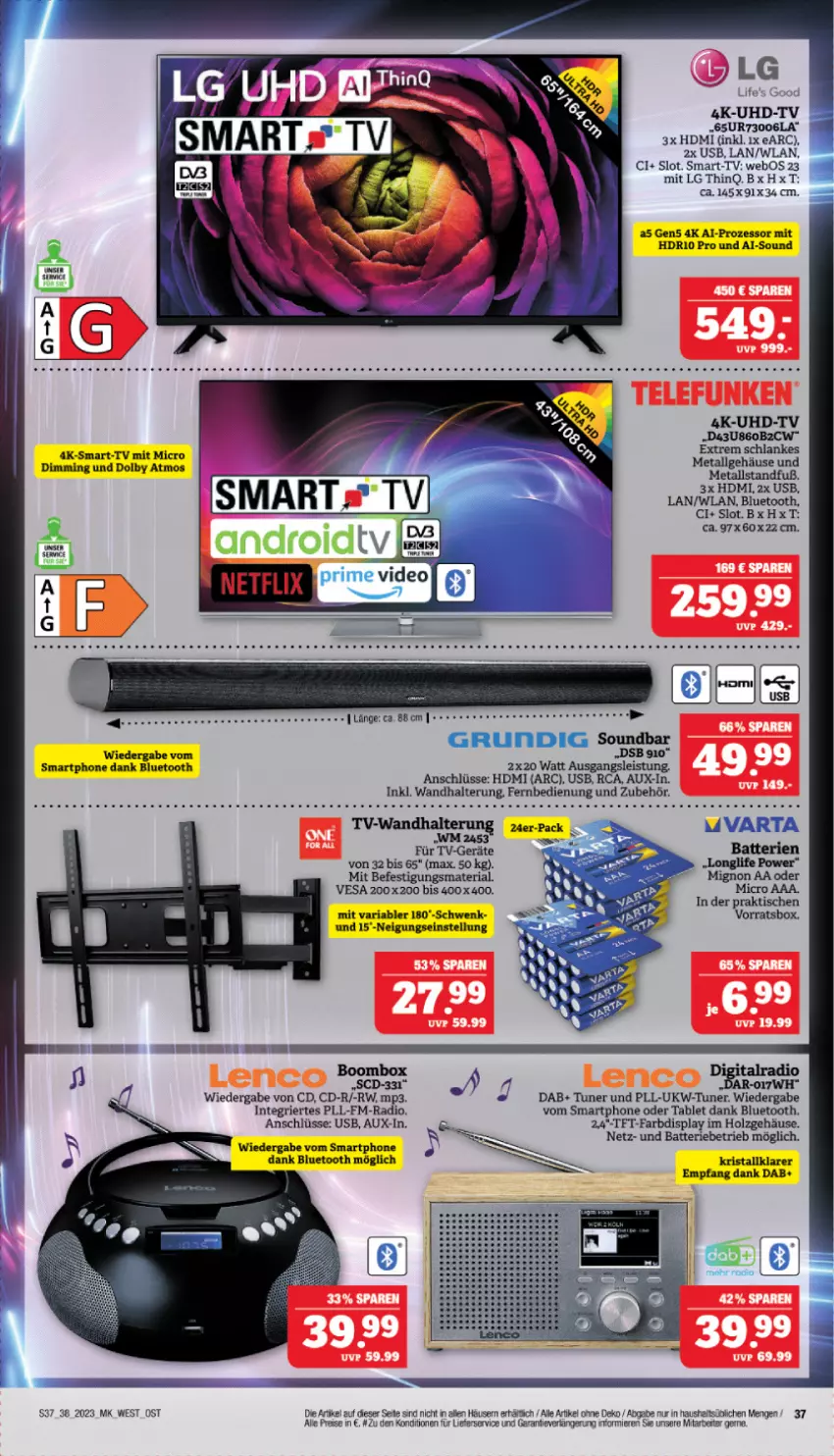 Aktueller Prospekt Marktkauf - Prospekt - von 17.09 bis 23.09.2023 - strona 37 - produkty: batterie, batterien, decke, eis, fernbedienung, Germ, grundig, HDMI, Holz, LG, lieferservice, Mp3, Radio, reis, Ria, smartphone, soundbar, tablet, tft-farbdisplay, Ti, tuner, uhd, UHD-TV, usb, varta, wandhalterung