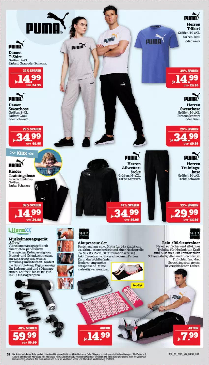 Aktueller Prospekt Marktkauf - Prospekt - von 17.09 bis 23.09.2023 - strona 38 - produkty: auer, damen t-shirt, eis, hose, Jacke, Kinder, kraft, Laufen, Massagegerät, puma, reis, rwe, schuhe, shirt, Sport, Sweathose, T-Shirt, Tasche, Ti, tragetasche, Yo