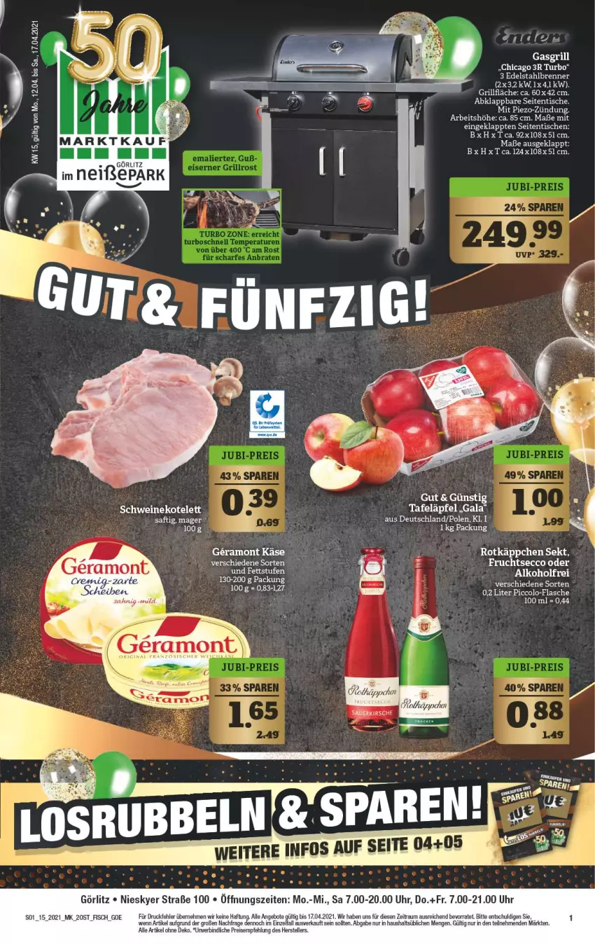 Aktueller Prospekt Marktkauf - Prospekt - von 12.04 bis 17.04.2021 - strona 1 - produkty: alkohol, angebot, angebote, ecco, edelstahl, eis, elle, fisch, frucht, fruchtsecco, gasgrill, grill, grillfläche, Käse, kotelett, piezo-zündung, reis, rotkäppchen, schwein, schweine, schweinekotelett, sekt, tafeläpfel, teller, Ti, tisch, uhr, wein, weine