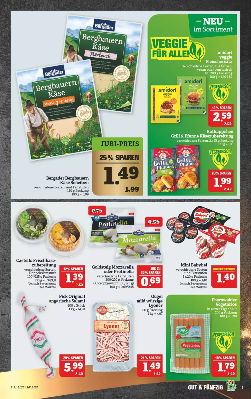 Aktueller Prospekt Marktkauf - Prospekt - von 12.04 bis 17.04.2021 - strona 15 - produkty: auer, babybel, Bau, Bauer, bergader, doppelrahmstufe, frischkäse, gin, goldsteig, Käse, lyoner, mini babybel, mozzarella, rel, salami, Ti, Ungarische Salami, Vegeta, Yo