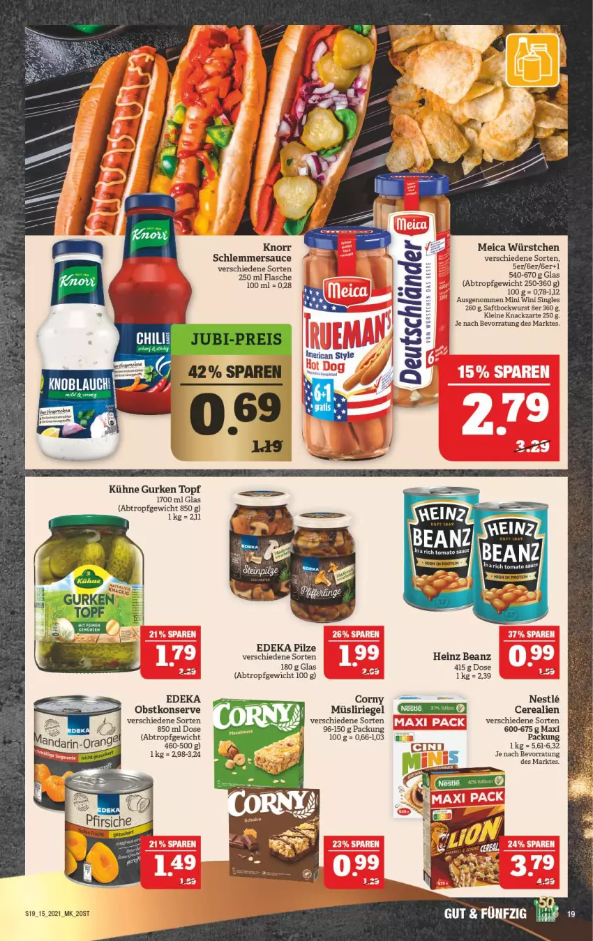 Aktueller Prospekt Marktkauf - Prospekt - von 12.04 bis 17.04.2021 - strona 19 - produkty: beanz, bockwurst, cerealien, corny, deka, flasche, gurke, gurken, heinz, knorr, Kühne, leine, meica, müsli, Müsliriegel, obst, pilze, riegel, saft, sauce, schlemmersauce, Ti, topf, wurst, würstchen, ZTE