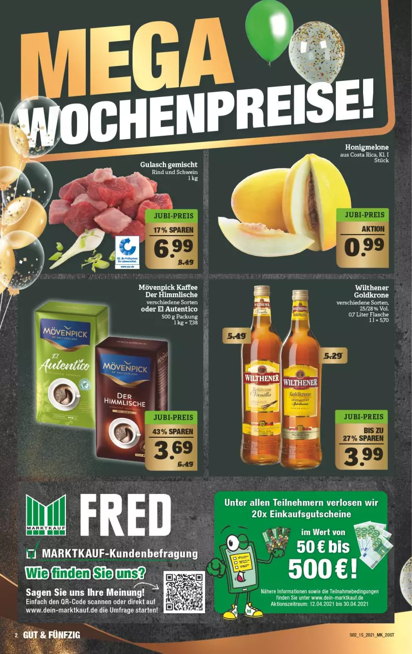 Aktueller Prospekt Marktkauf - Prospekt - von 12.04 bis 17.04.2021 - strona 2 - produkty: flasche, goldkrone, gulasch, gutschein, gutscheine, honig, honigmelone, krone, melone, rind, schwein, Ti, wein