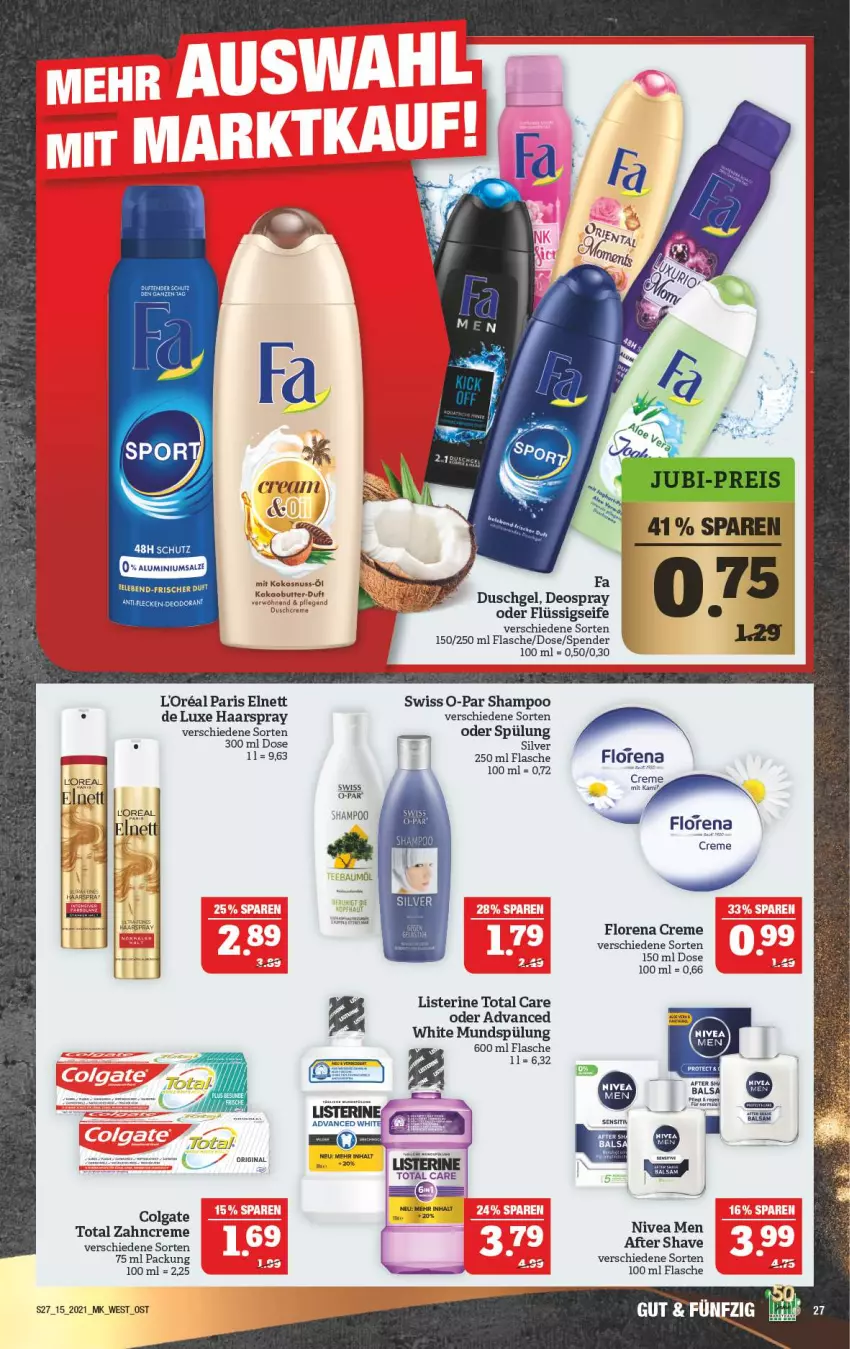 Aktueller Prospekt Marktkauf - Prospekt - von 12.04 bis 17.04.2021 - strona 27 - produkty: after shave, colgate, creme, deo, deospray, duschgel, elnett, flasche, flüssigseife, gin, haarspray, kokos, kokosnuss, LG, listerine, loreal, mundspülung, nivea, Nivea Men, nuss, salz, Seife, shampoo, Sport, spülung, total care, zahncreme