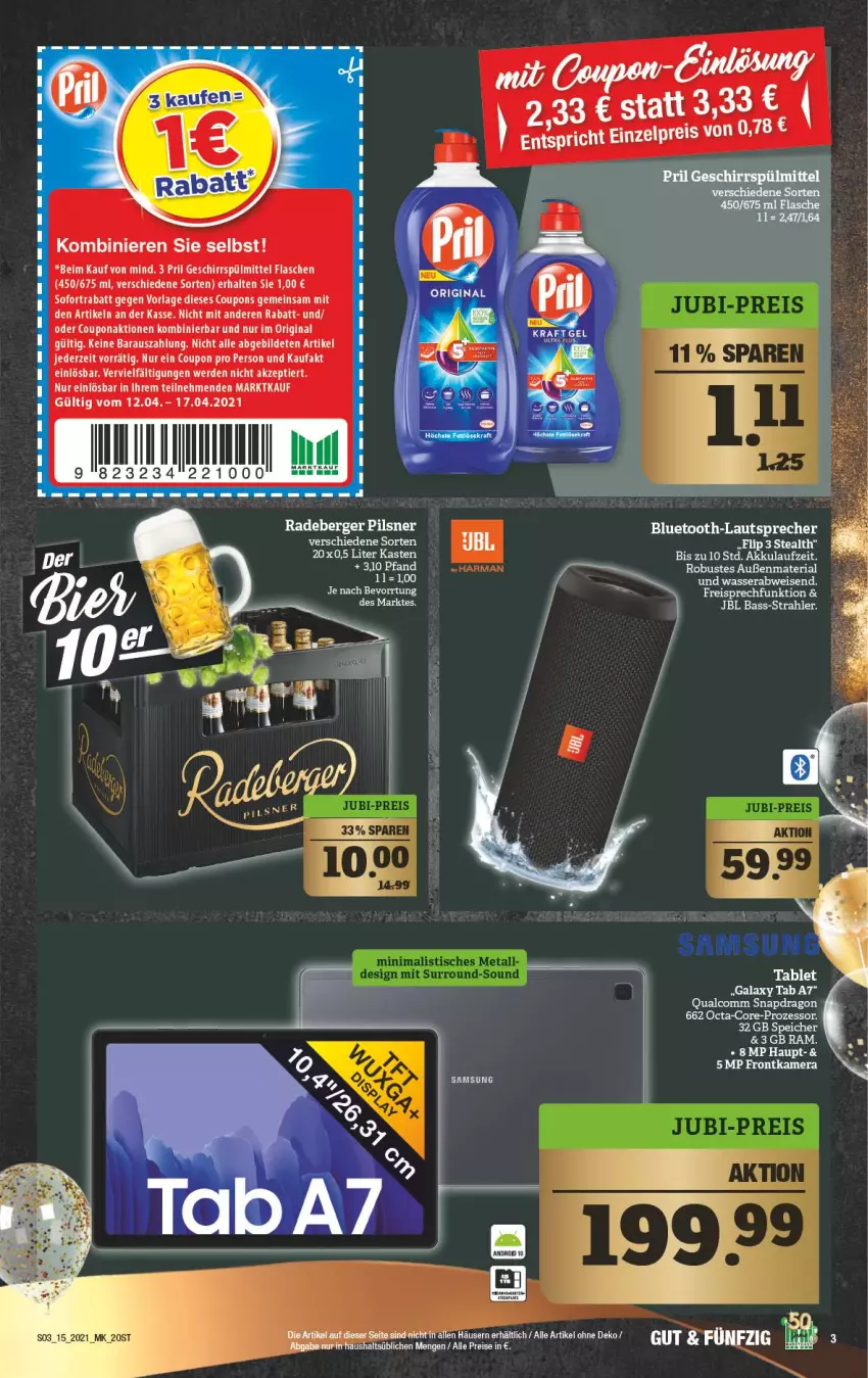 Aktueller Prospekt Marktkauf - Prospekt - von 12.04 bis 17.04.2021 - strona 3 - produkty: akku, bluetooth-lautsprecher, coupon, coupons, eis, erde, flasche, geschirr, geschirrspülmittel, gin, jbl, lautsprecher, pril, reis, sofortrabatt, spülmittel, tablet, tee, Ti, wasser