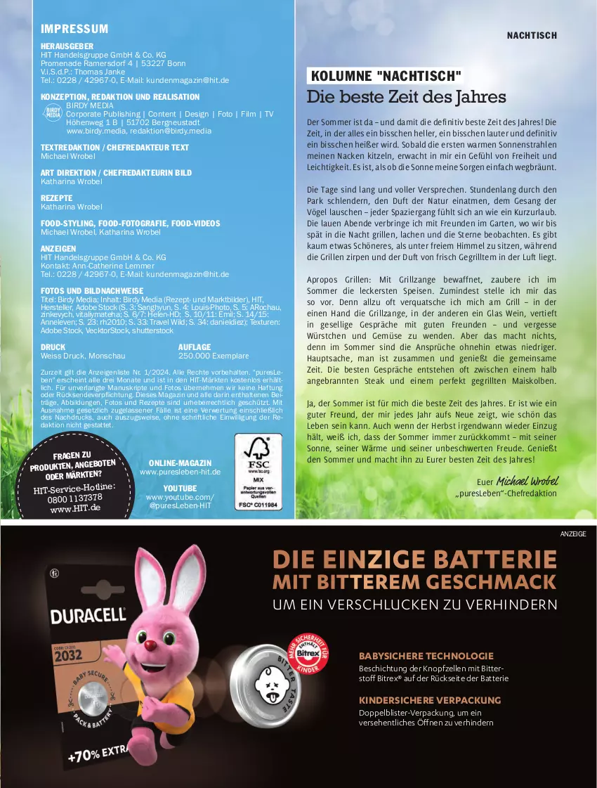 Aktueller Prospekt Hit - pures Leben - von 01.07 bis 31.12.2024 - strona 35 - produkty: batterie, deo, eis, elle, Garten, grill, grillzange, gsw, Kinder, mac, magazin, mais, natur, rezept, rezepte, ring, rwe, sac, steak, teller, Ti, tisch, und gemüse, vita, wein, Wild, würstchen, Yo