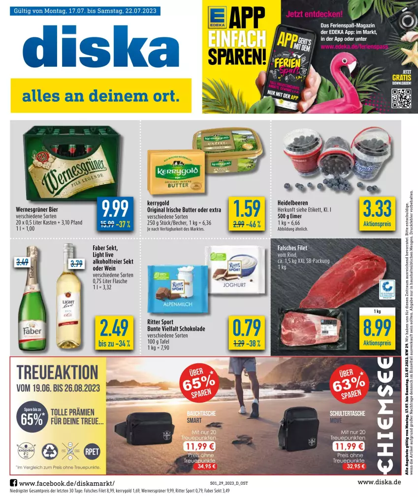 Aktueller Prospekt Diska - Prospekte - von 17.07 bis 22.07.2023 - strona 1 - produkty: aktionspreis, alkohol, angebot, angebote, Becher, beere, beeren, bier, butter, deka, eier, eimer, eis, Falsches Filet, filet, flasche, gin, heidelbeere, heidelbeeren, irische butter, kerrygold, magazin, reis, ritter, ritter sport, schoko, schokolade, sekt, Sport, Ti, wein, ZTE