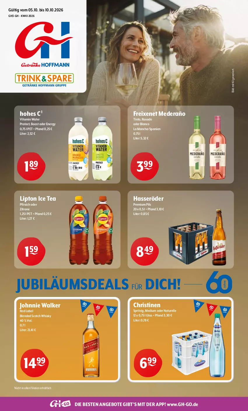 Aktueller Prospekt Getraenke Hoffmann - Prospekte - von 05.10 bis 10.10.2026 - strona 1 - produkty: angebot, angebote, blended scotch, blended scotch whisky, elle, freixenet, hasseröder, Hohes C, ice tea, johnnie walker, Jubiläums, lipton, lipton ice tea, natur, pfirsich, pils, premium pils, rel, scotch, scotch whisky, Ti, vita, whisky, zitrone